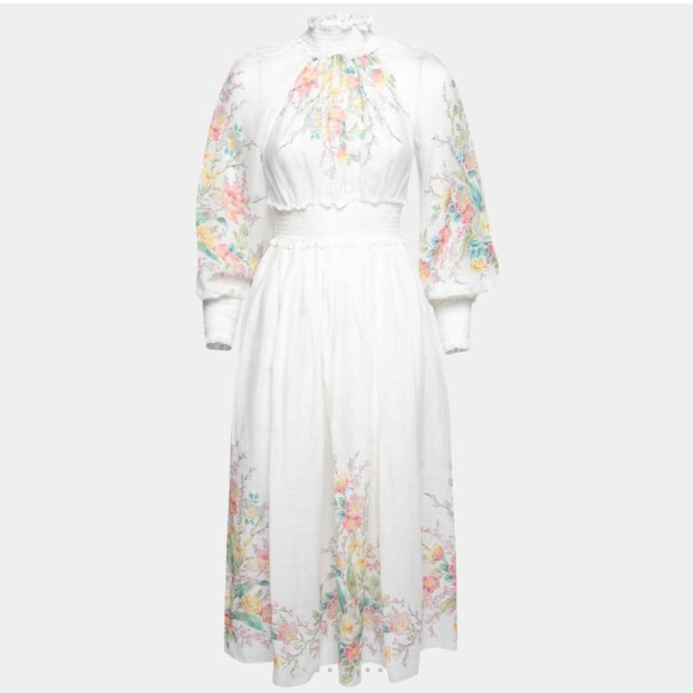 Zimmermann Zimmermann White Floral Printed Ramie Zinnia Shirred Midi Dress